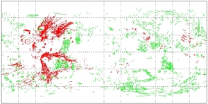 Figure 1: Global map of faults on Mars. Red: Extensional features. Green: Compressional features (see Knapmeyer et al., 2006)
