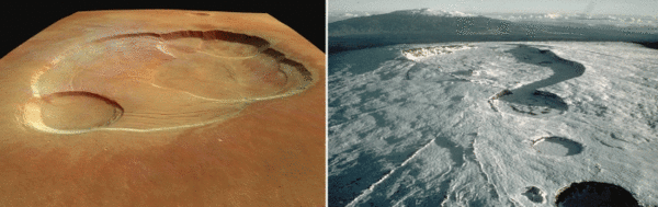 Figure 3: The comparison of planetary features with well-known terrestrial analogs helps to raise public interest in planetology and will allow immediate access to scientific questions. The caldera of Olympus Mons on Mars (left; simulated 3D-view derived from HRSC stereo images) can be directly compared to the caldera of Mauna Loa (Hawaii, USA; photo by D.W. Peterson), which is known to many people by media or even by personal experience from a visit.