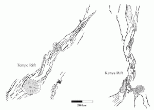 Figure 3:Tectonic sketch map of the Tempe Rift on Mars as compared to the Kenya Rift on Earth. Volcanic constructs are indicated (Hauber and Konberg, 2001)